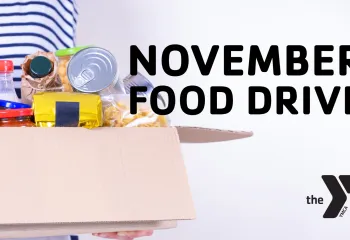 woman holding box of food and the words food drive