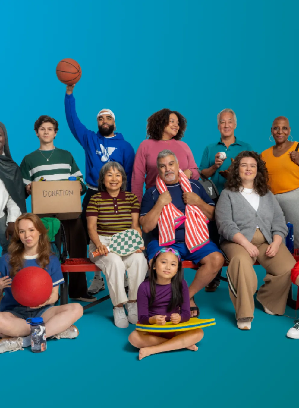 Diverse group of people doing a variety of activites like sports, fitness, aquatics, and more.