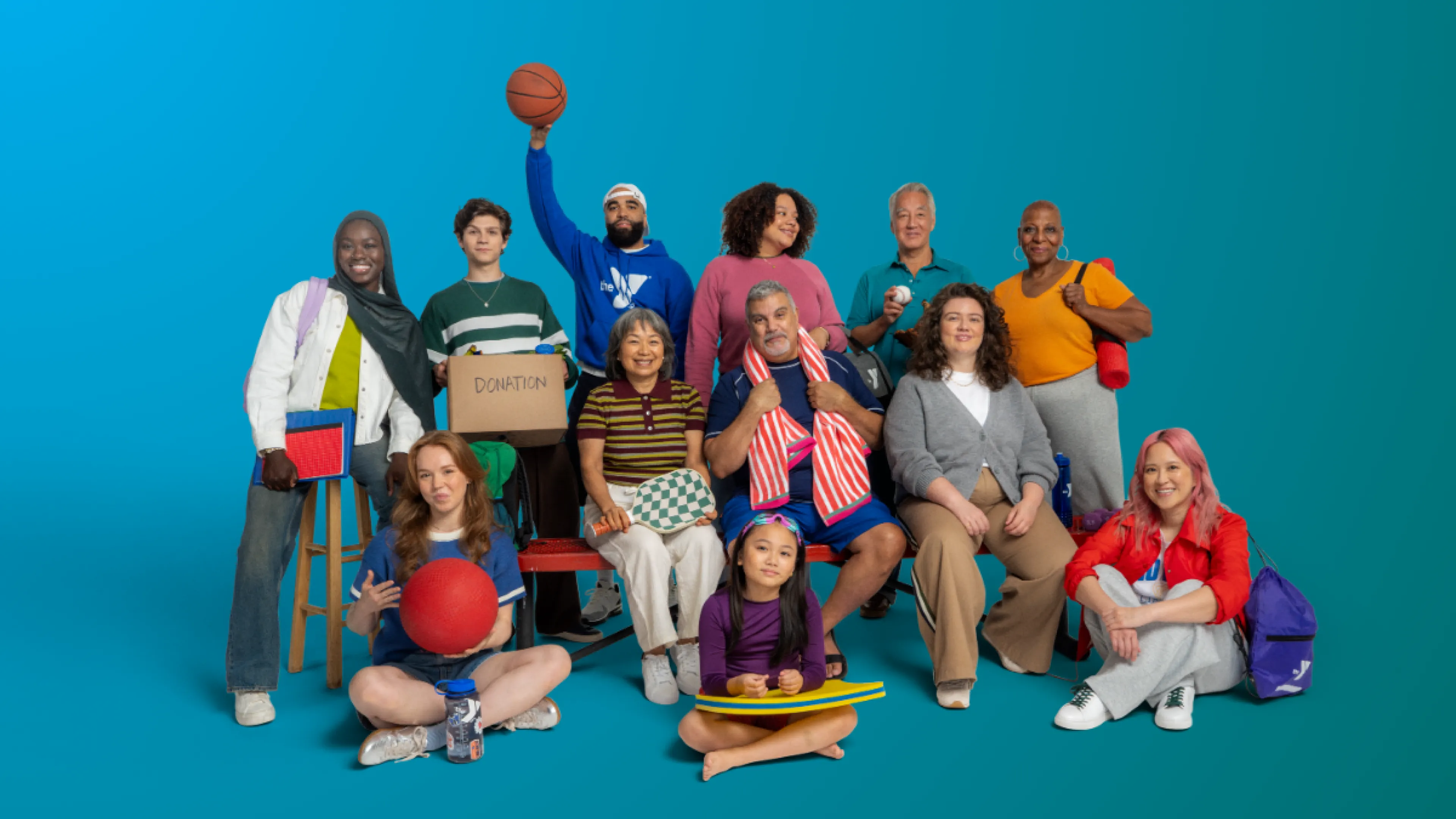 Diverse group of people doing a variety of activites like sports, fitness, aquatics, and more.