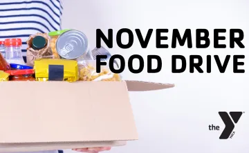 woman holding box of food and the words food drive